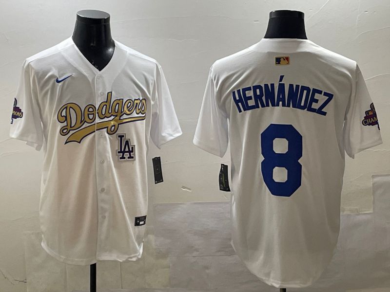 Men Los Angeles Dodgers 8 Hernandez White Champion gold character 2025 Nike MLB Jersey style 3319